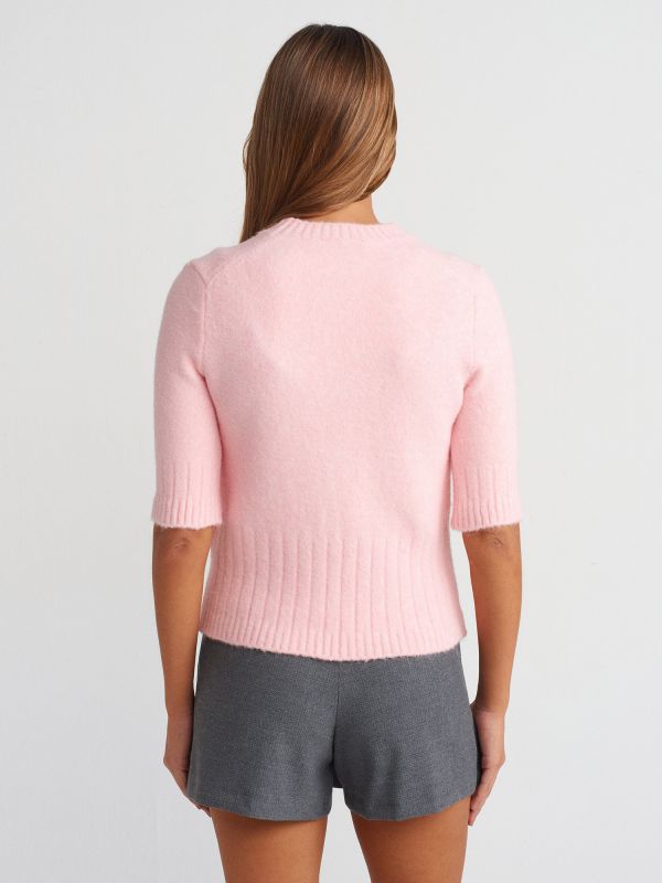 10654 Crew-Neck Soft Textured Short Sleeve Sweater-Pink