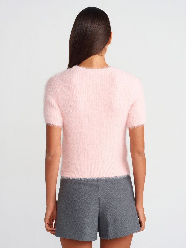 10662 Crew-Neck Stones Soft Textured Shiny Knit Sweater-Powder