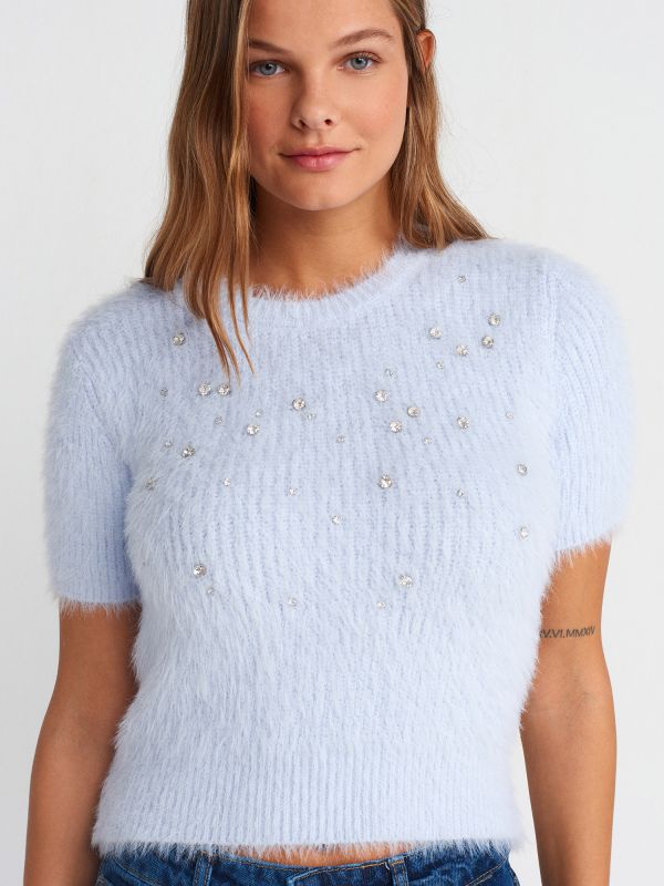 10662 Crew-Neck Stones Soft Textured Shiny Knit Sweater-Blue