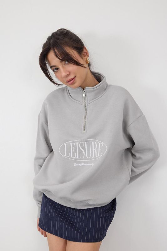 Gray LEISURE Embroidered Shearling Stand-Up Collar Sweatshirt S11080-J13