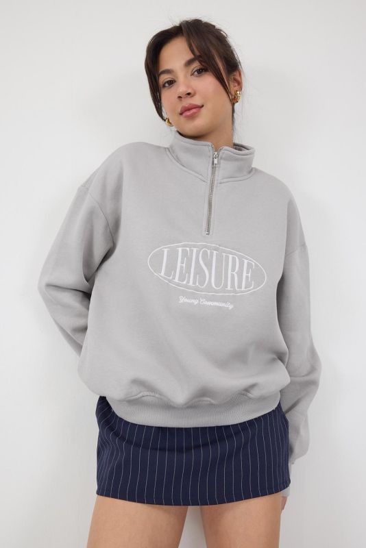 Gray LEISURE Embroidered Shearling Stand-Up Collar Sweatshirt S11080-J13