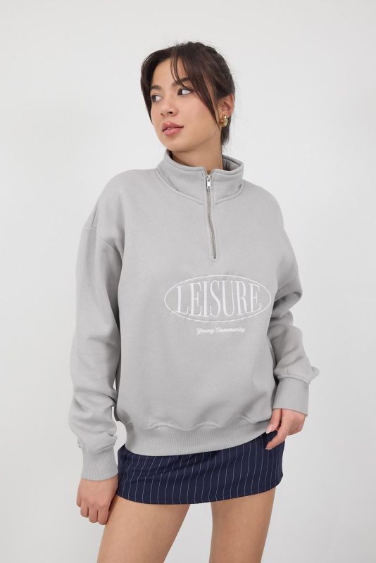 Gray LEISURE Embroidered Shearling Stand-Up Collar Sweatshirt S11080-J13