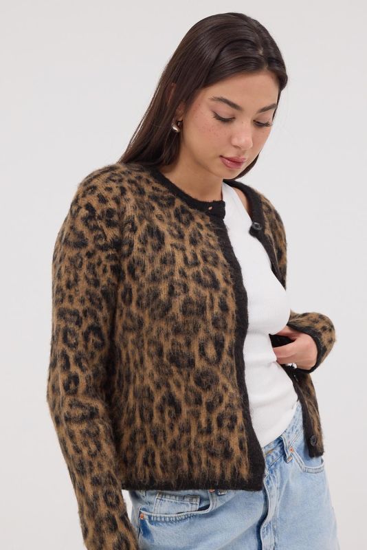 Leopard Leopard Patterned Bearded Sweater Cardigan H10108