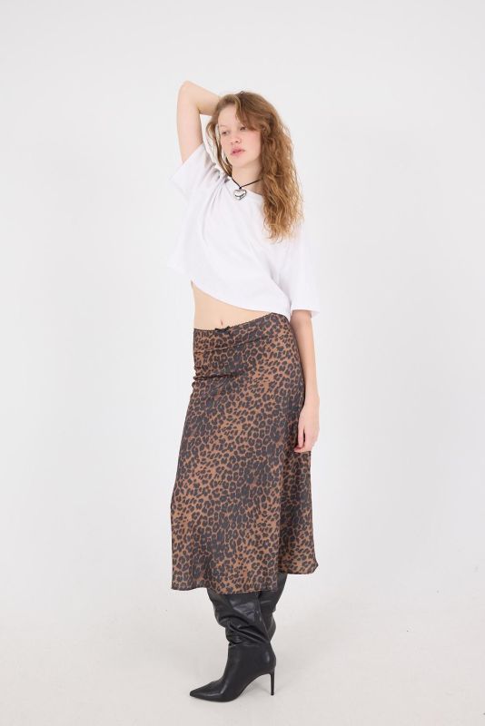 Coffee Leopard Print Satin Midi Skirt E410170-E5