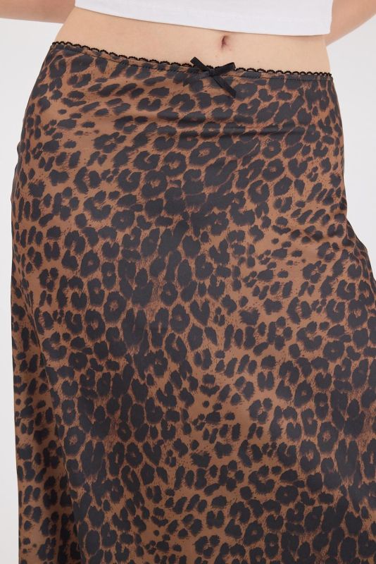 Coffee Leopard Print Satin Midi Skirt E410170-E5