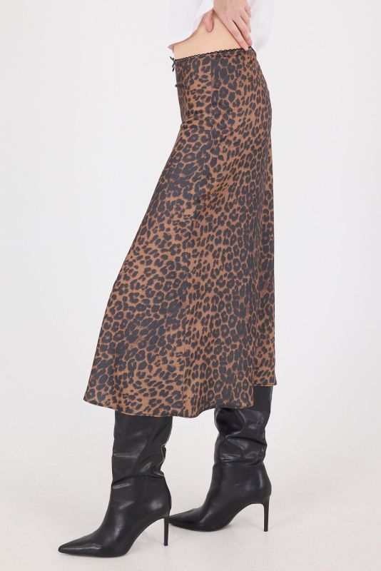 Coffee Leopard Print Satin Midi Skirt E410170-E5