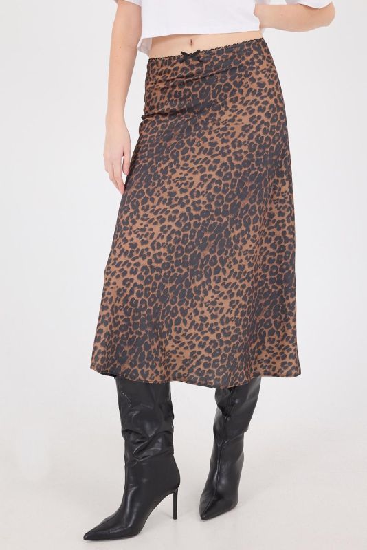 Coffee Leopard Print Satin Midi Skirt E410170-E5