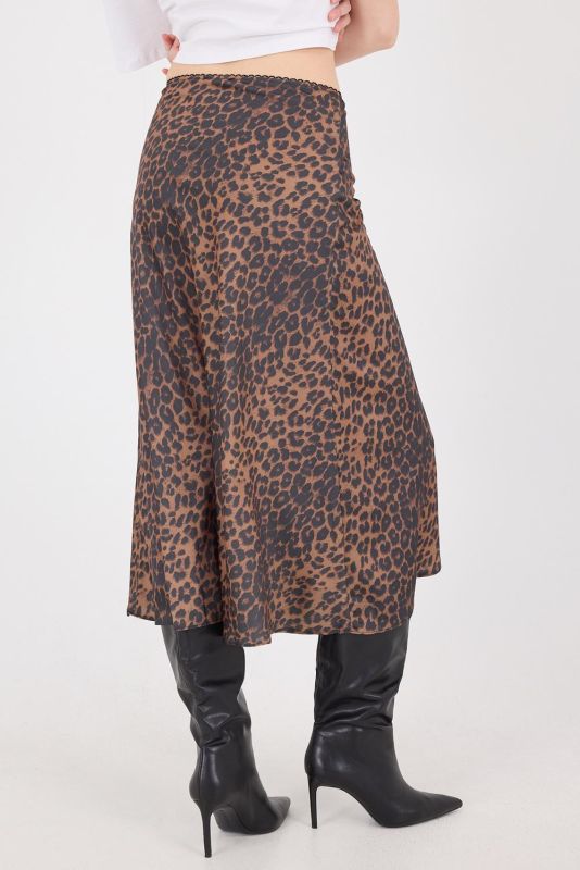 Coffee Leopard Print Satin Midi Skirt E410170-E5