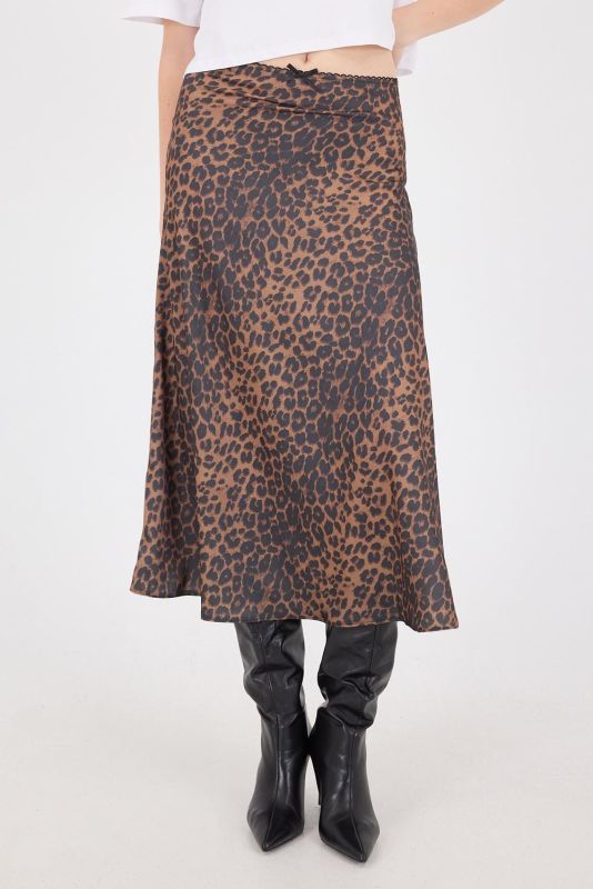 Coffee Leopard Print Satin Midi Skirt E410170-E5