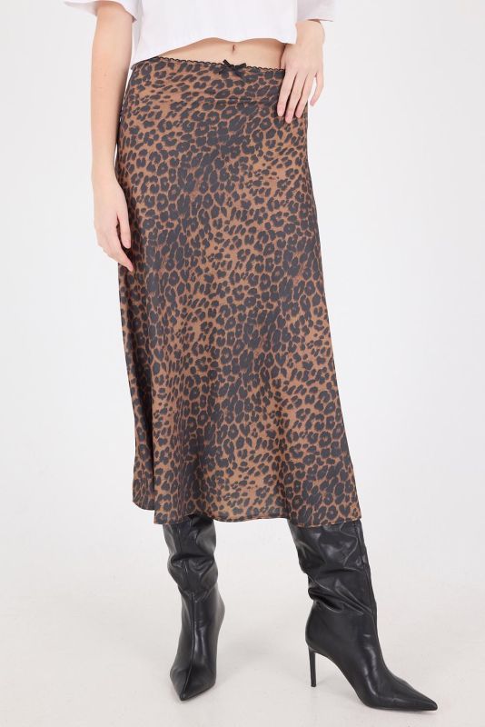 Coffee Leopard Print Satin Midi Skirt E410170-E5