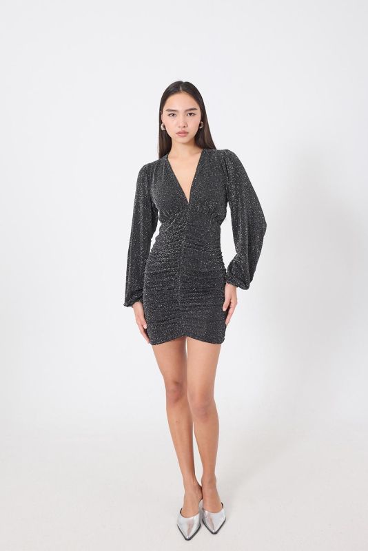 Black Shiny Thread Draped Mini Dress E17073-E2