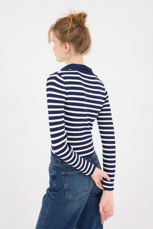 Navy-White Polo Collar Striped Sweater K10240-C5