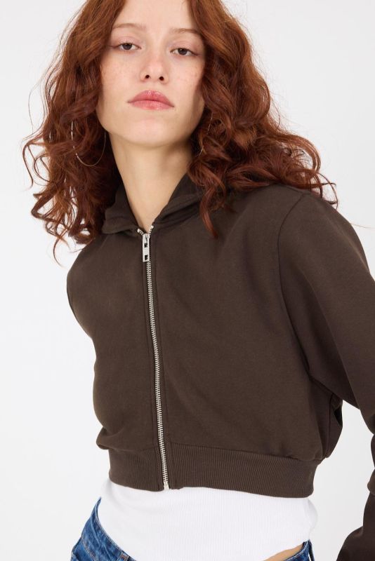 Gray Melange Hooded Hooded Crop Sweatshirt H1526-I9