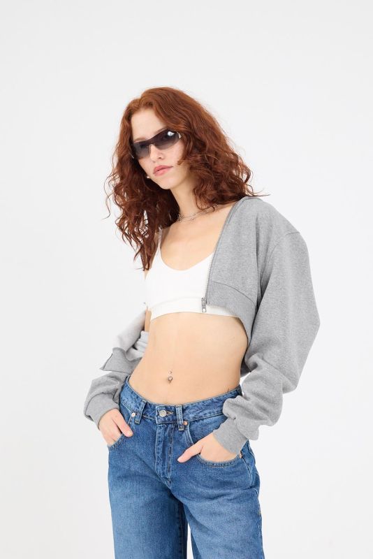 Gray Melange Hooded Hooded Crop Sweatshirt H1526-I9