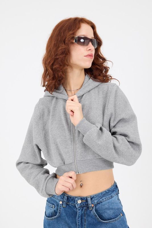 Gray Melange Hooded Hooded Crop Sweatshirt H1526-I9