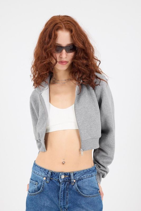 Gray Melange Hooded Hooded Crop Sweatshirt H1526-I9