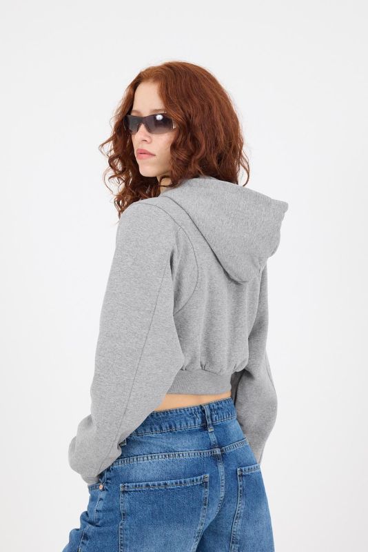 Gray Melange Hooded Hooded Crop Sweatshirt H1526-I9