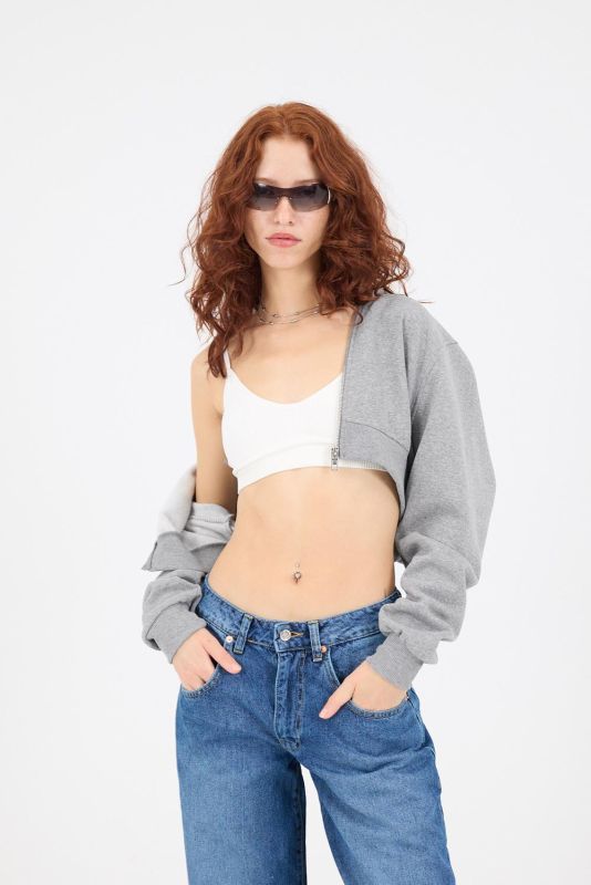 Gray Melange Hooded Hooded Crop Sweatshirt H1526-I9