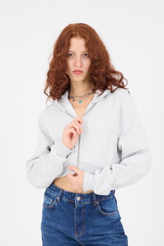 Gray Melange Hooded Hooded Crop Sweatshirt H1526-I9