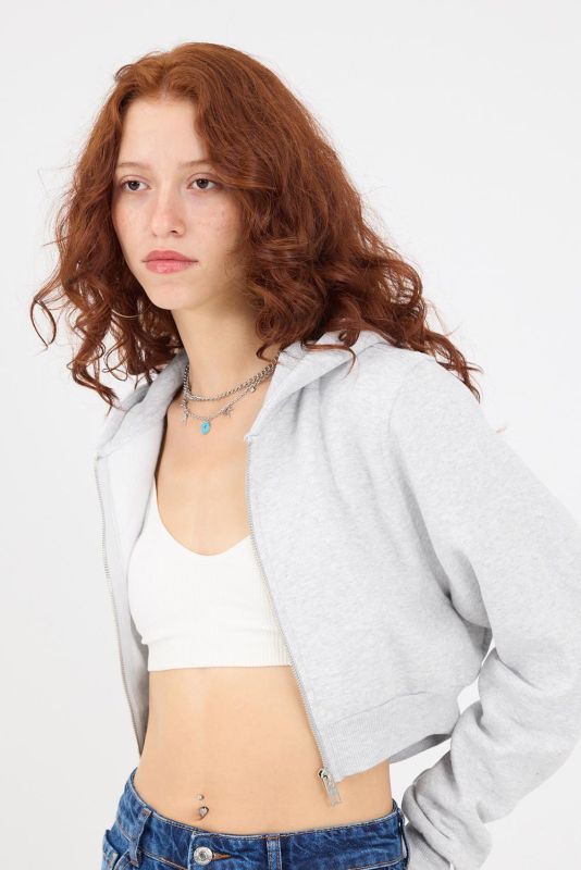 Gray Melange Hooded Hooded Crop Sweatshirt H1526-I9