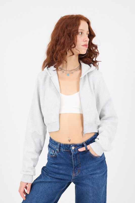 Gray Melange Hooded Hooded Crop Sweatshirt H1526-I9