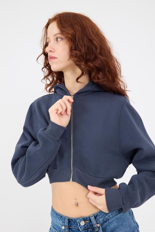 Gray Melange Hooded Hooded Crop Sweatshirt H1526-I9