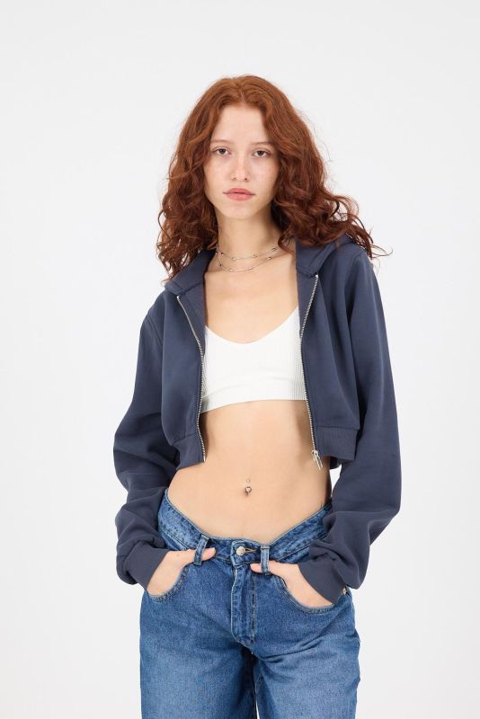 Gray Melange Hooded Hooded Crop Sweatshirt H1526-I9