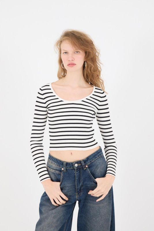 Ecru-Black U-Neck Striped Sweater B10248-A9