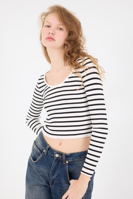 Ecru-Black U-Neck Striped Sweater B10248-A9