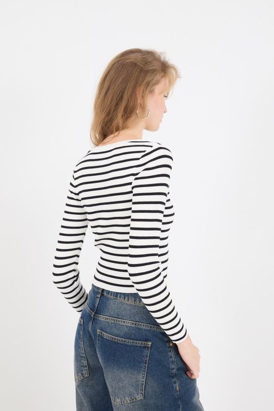 Ecru-Black U-Neck Striped Sweater B10248-A9