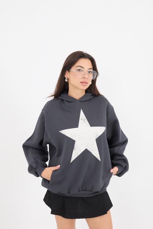 Burgundy Star Printed Hooded Hooded Sweatshirt S3994-N5