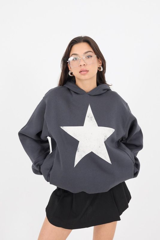 Burgundy Star Printed Hooded Hooded Sweatshirt S3994-N5