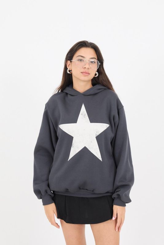 Burgundy Star Printed Hooded Hooded Sweatshirt S3994-N5